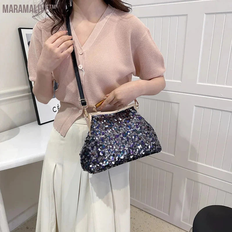 2024 New Fashion Women Evening Clutch Metal Glitter Sequin Purple Gold Chain Shoulder Bags Luxury Designer Wedding Prom Handbags