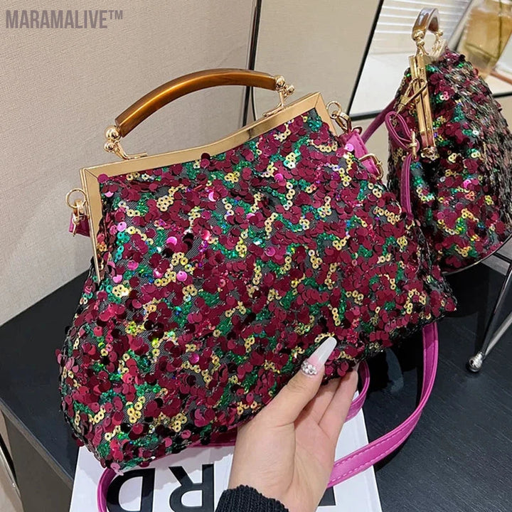 2024 New Fashion Women Evening Clutch Metal Glitter Sequin Purple Gold Chain Shoulder Bags Luxury Designer Wedding Prom Handbags