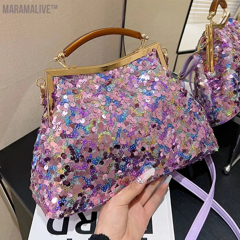 2024 New Fashion Women Evening Clutch Metal Glitter Sequin Purple Gold Chain Shoulder Bags Luxury Designer Wedding Prom Handbags