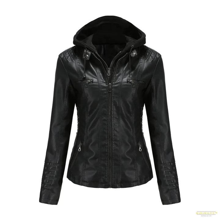 2024 Women's Hooded Leather Jacket 2 Pieces Set with Detachable Large Leather Jacket for Women Spring Autumn PU Leather Jacket