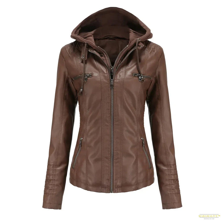 2024 Women's Hooded Leather Jacket 2 Pieces Set with Detachable Large Leather Jacket for Women Spring Autumn PU Leather Jacket