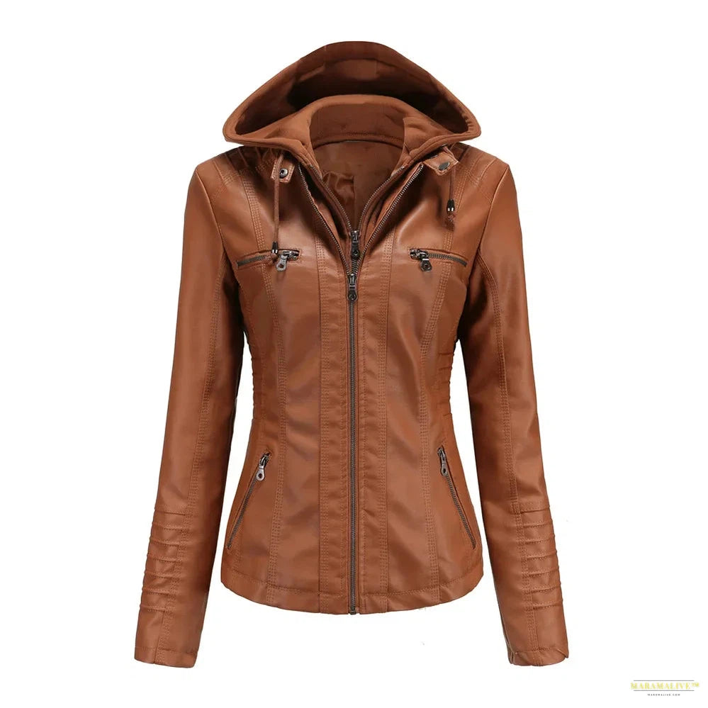 2024 Women's Hooded Leather Jacket 2 Pieces Set with Detachable Large Leather Jacket for Women Spring Autumn PU Leather Jacket