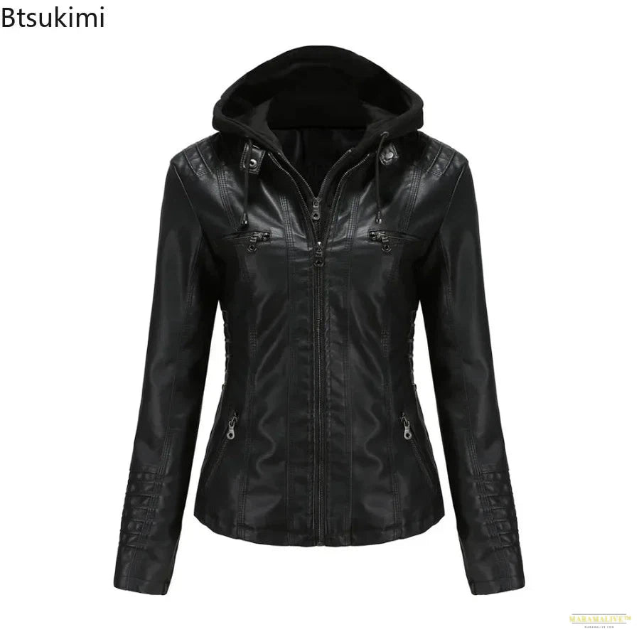 2024 Women's Hooded Leather Jacket 2 Pieces Set with Detachable Large Leather Jacket for Women Spring Autumn PU Leather Jacket