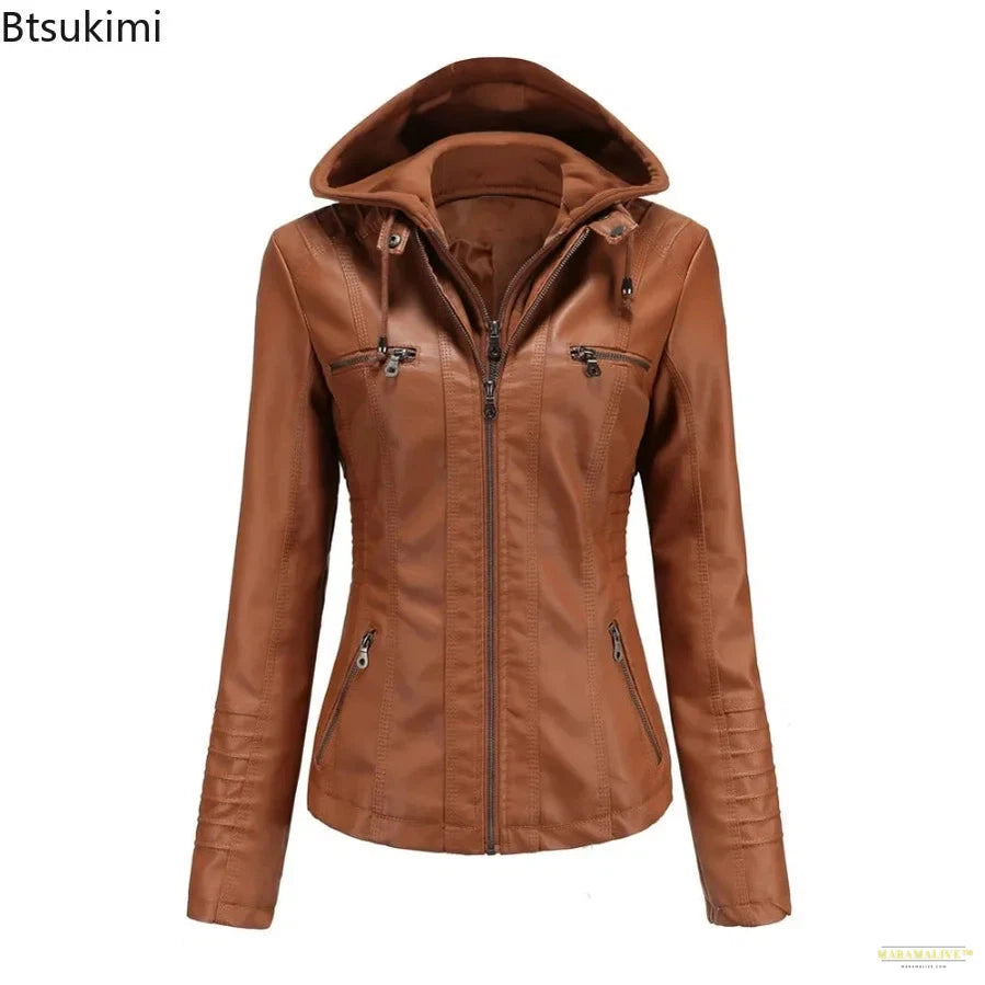 2024 Women's Hooded Leather Jacket 2 Pieces Set with Detachable Large Leather Jacket for Women Spring Autumn PU Leather Jacket