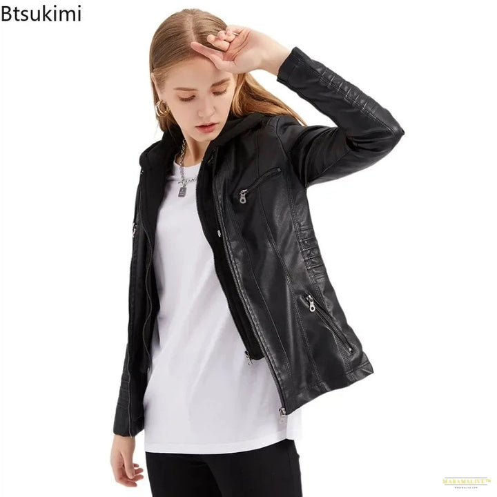 2024 Women's Hooded Leather Jacket 2 Pieces Set with Detachable Large Leather Jacket for Women Spring Autumn PU Leather Jacket