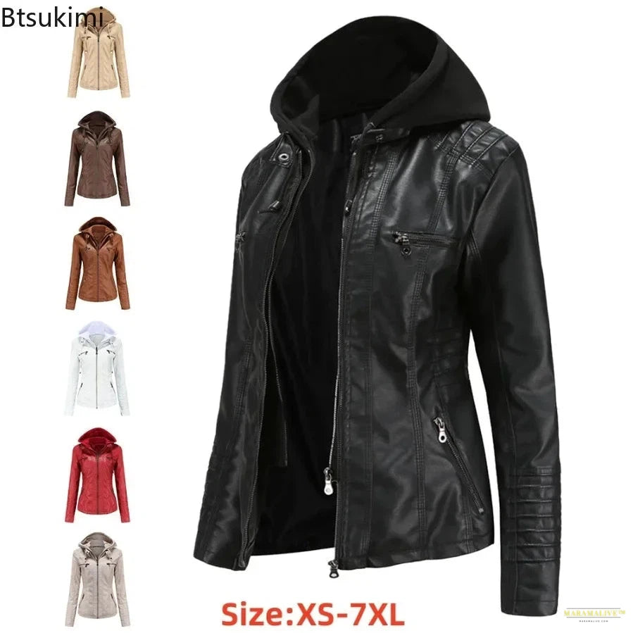 2024 Women's Hooded Leather Jacket 2 Pieces Set with Detachable Large Leather Jacket for Women Spring Autumn PU Leather Jacket