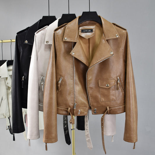 A group of Maramalive™ Retro Faux Leather Textured Jacket - Vintage Vegan-Friendly Leather Coat Tan, Ivory and Black