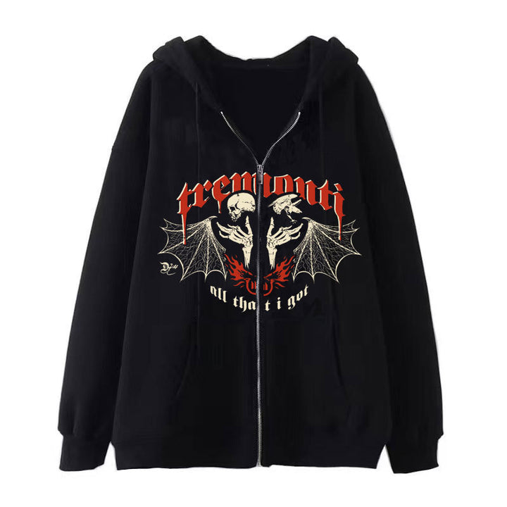Maramalive™ Men's Skull Zippered Hoodie: The Ultimate Hooded Top with a Gothic design of two skulls with bat wings and the text "Tremonti" and "All That I Got" in red and white on the front. This dark style hoodie perfectly blends gothic hip hop vibes with its striking imagery.