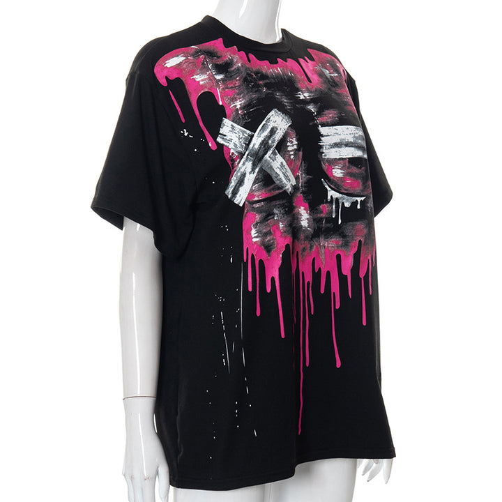 Black **Chic Oversized Short Sleeve Tees for Women** with a dripping white and pink paint design featuring the letters "XO" on a mannequin, by **Maramalive™**.