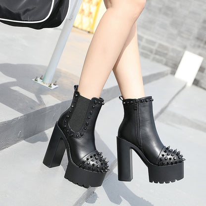 Ladies black platform rivet thick heel boots