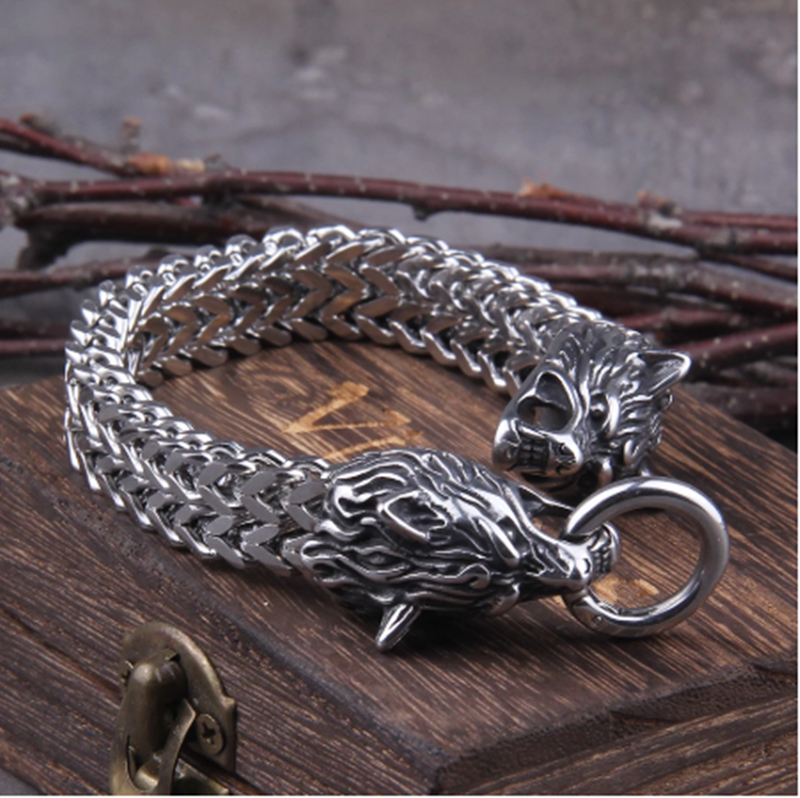 Maramalive™ Viking Wolf Head Titanium Steel Bracelet on a wooden box.