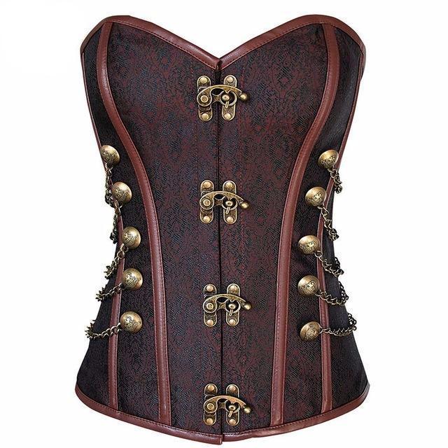 A black and brown Vegan Corset with brass hardware from Maramalive™.