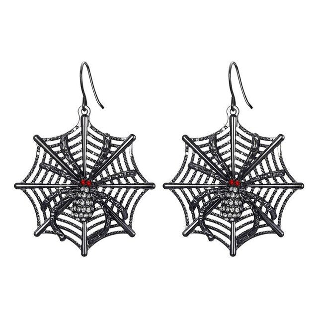 A close up of a person wearing CJ's Gothic Punk Black Spider Web Drop Earrings Halloween Party Accessories Jewelry Gifts for Women.