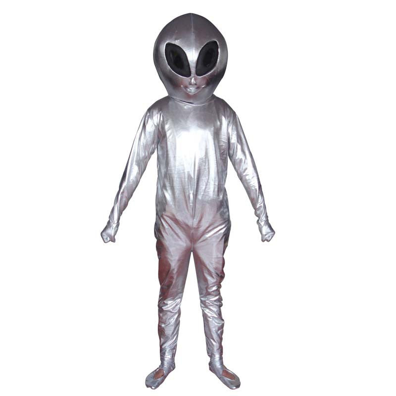 A person wearing a Maramalive™ Alien show costume Suit with a large helmet and black eye details, standing against a white background, ready for a sci-fi convention.