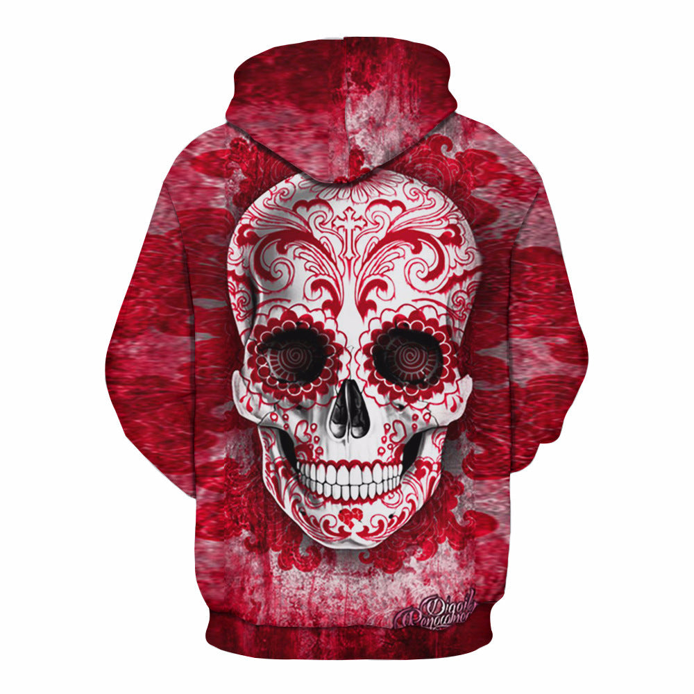 A red 3D Skull Print Hooded Sweatshirt from Maramalive™ with a sugar skull on it.