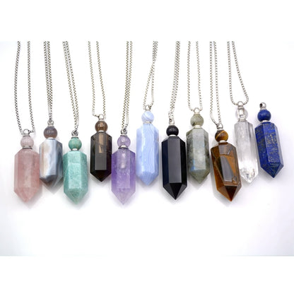 A group of Maramalive™ Crystal Perfume Bottle necklaces on a chain.