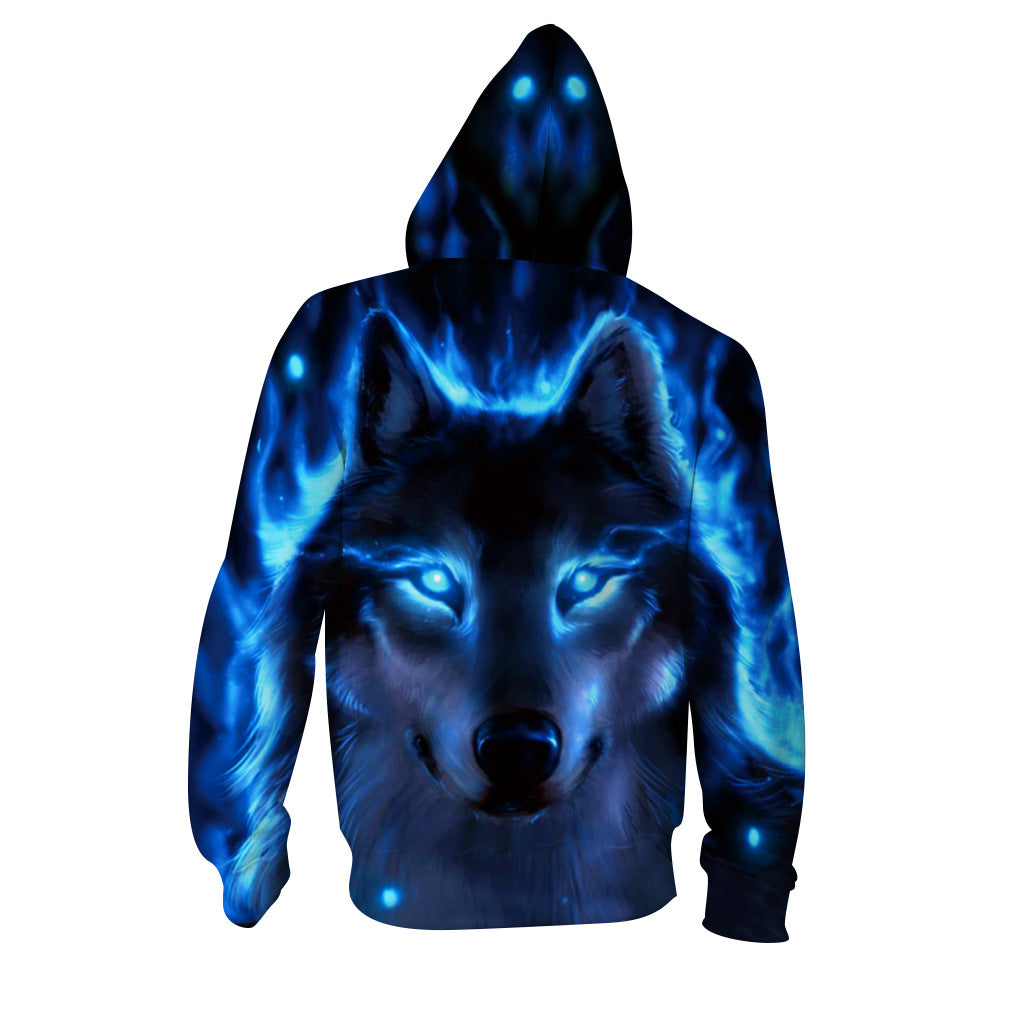 A Maramalive™ Photoelectric Hoodie with street style flair features a vivid, glowing blue and black illustration of a wolf with intense, bright eyes and ethereal blue flames around its head, created using digital printing for maximum impact.