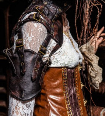 A Medieval Inspired Steampunk Arm Armor by Maramalive™ with a leather shoulder sleeve.