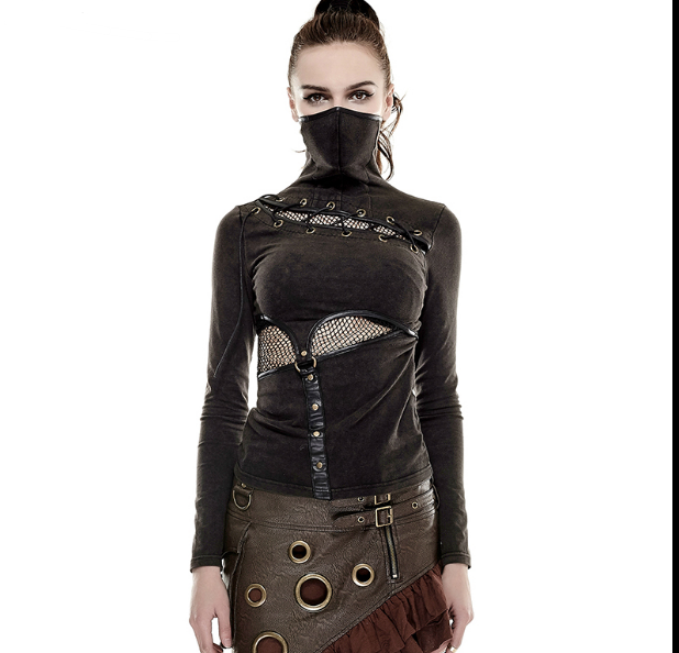 A woman wearing a Maramalive™ Steampunk Long-Sleeved T-Shirt and leather skirt.
