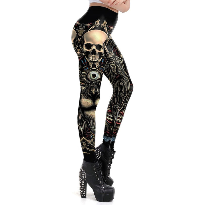 A woman adding a Gothic flair to her outfit with a pair of Maramalive™ Gothic Women's Leggings - Dark Mystic tight pants featuring a skull design.