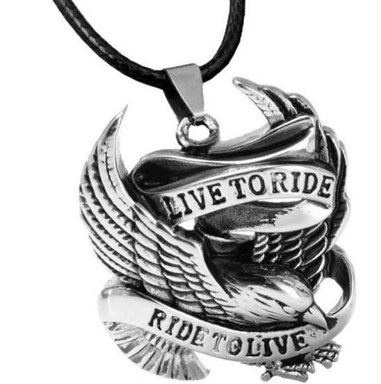 A Maramalive™ necklace with an eagle on it and the words live to ride ride to live.