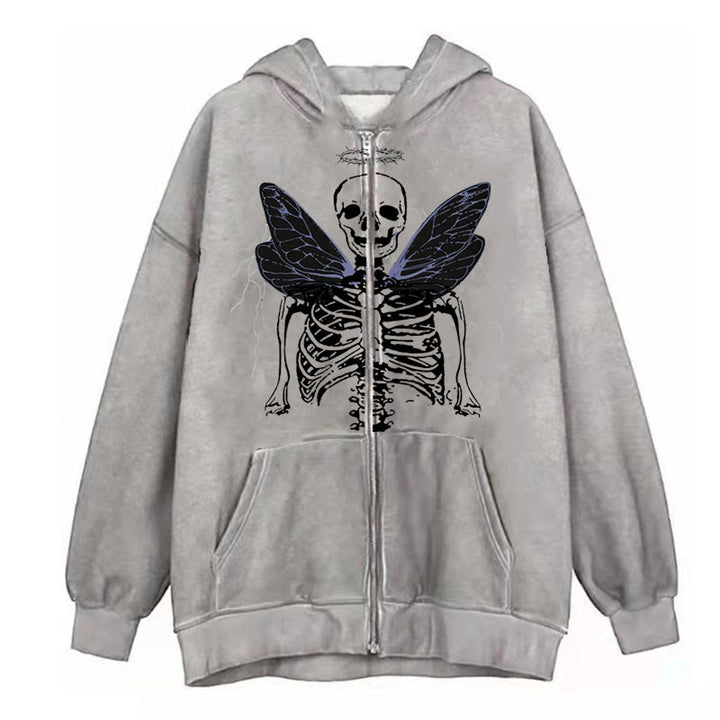 A Comfy Zipper Hoodies for Fall: Hooded Sweatshirts & Sweaters from Maramalive™, perfect as an autumn companion, showcases a striking printed design of a skeleton with black wings on the front.