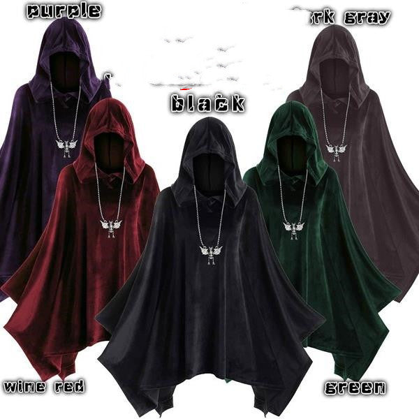 A group of Maramalive™ Witch Hat Cape Horns Renaissance Gothic hooded cloaks in different colors.