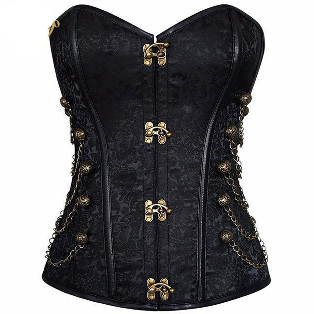 A black and brown Vegan Corset with brass hardware from Maramalive™.