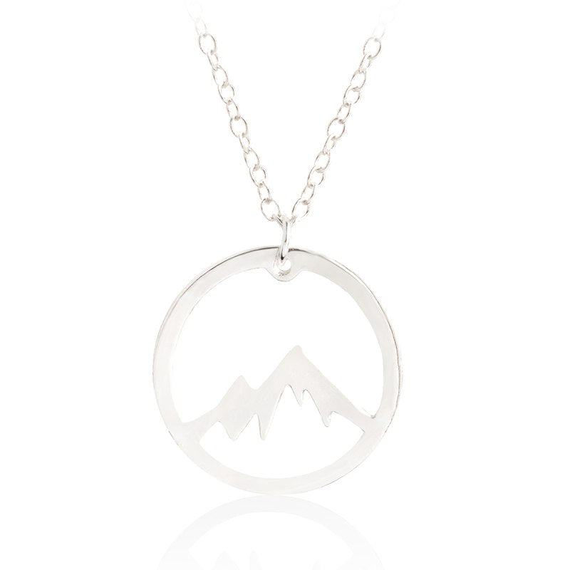 A Silver Snow Mountain Pendant Necklace with the Maramalive™ brand in the middle.
