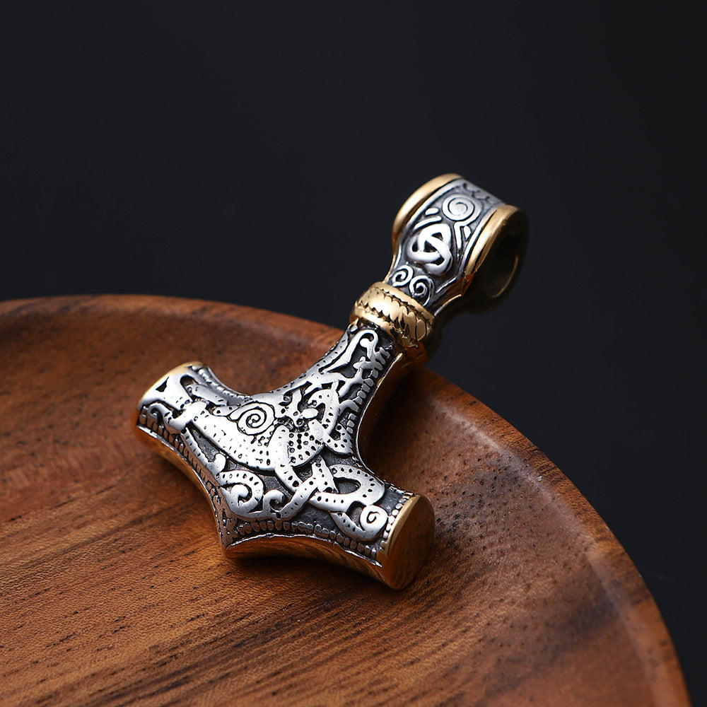 Nordic King Viking Aoding Rune Pendant | Stainless Steel Hammer necklace with Gold 