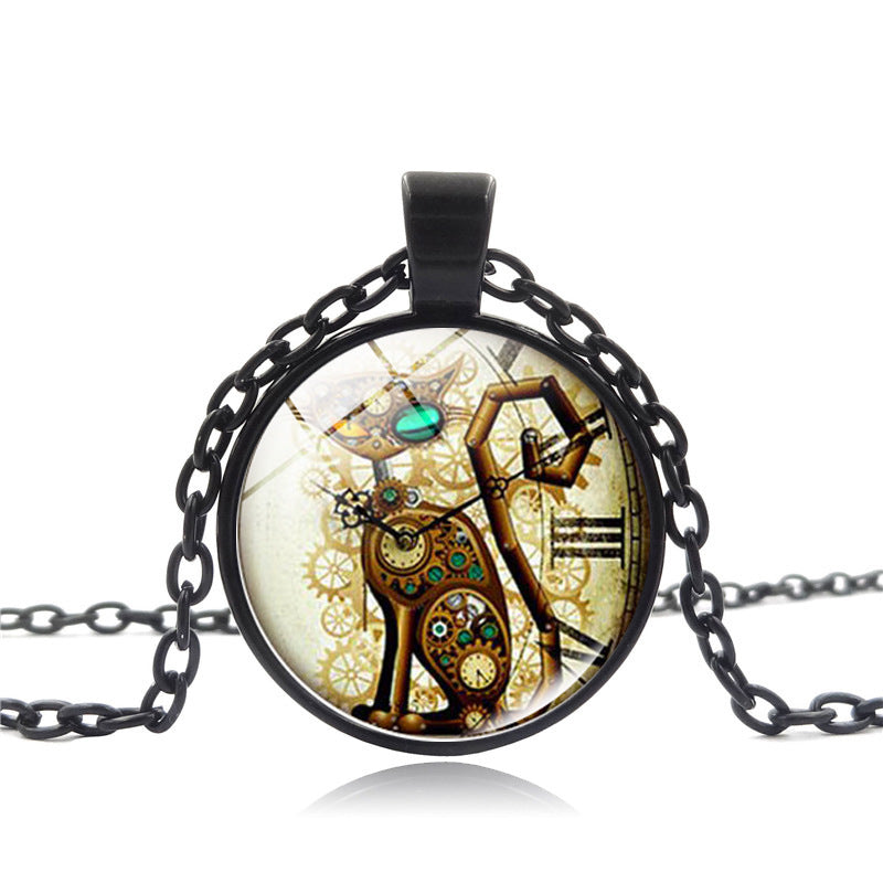 A Steampunk Cat Time Gemstone Necklace with a clock on it by Maramalive™.