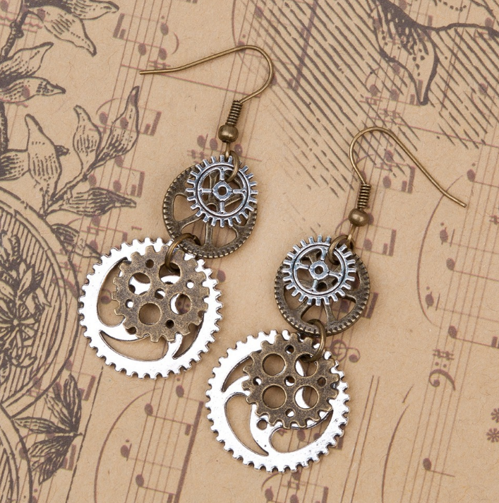A pair of Maramalive™ Bronze Steampunk Earrings with gears on them.