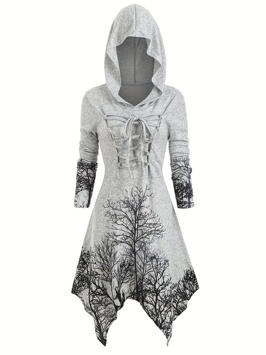 Tree Print Drawstring Hooded Dress, Casual Asymmetrical Long Sleeve Dress For Spring & Fall, Women's Clothing