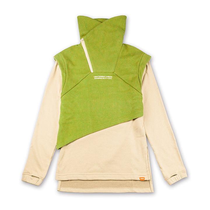A beige long-sleeve shirt featuring an asymmetrical green vest-like overlay with a zip-up collar and text printed on the chest, perfect for youth fashion and made from 100% cotton, the Punk Fake Two-piece Plush And Thick High Neck Loose Top by Maramalive™.