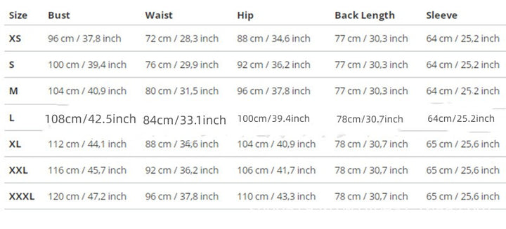A size chart displaying bust, waist, hip, back length, and sleeve measurements for clothing sizes XS to XXXL in both centimeters and inches is essential for finding the perfect fit whether you're shopping for a street hipster look or a Maramalive™ Irregular Black Punk Hooded Jacket Long Patchwork Printed Sweater.