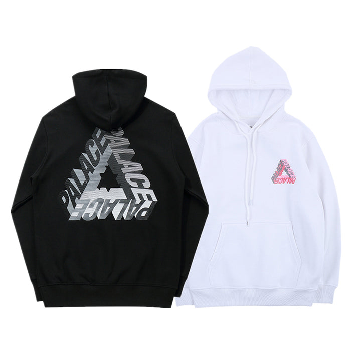 Black and white Maramalive™ Phantom hoodies, perfect for youth fashion, each featuring a triangular graphic logo on the back of the black hoodie and a smaller version on the front of the white hoodie. Ideal for autumn and winter, these Phantom hoodies add a hip hop flair to your wardrobe.