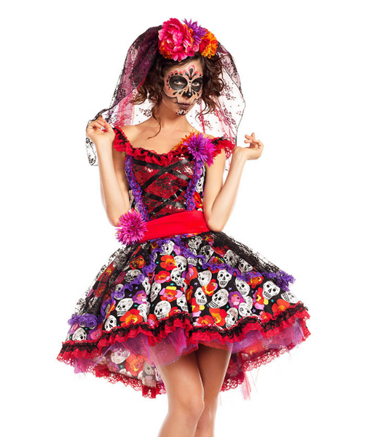 A woman in a Maramalive™ Rose skull print ghost bridal gown costume.
