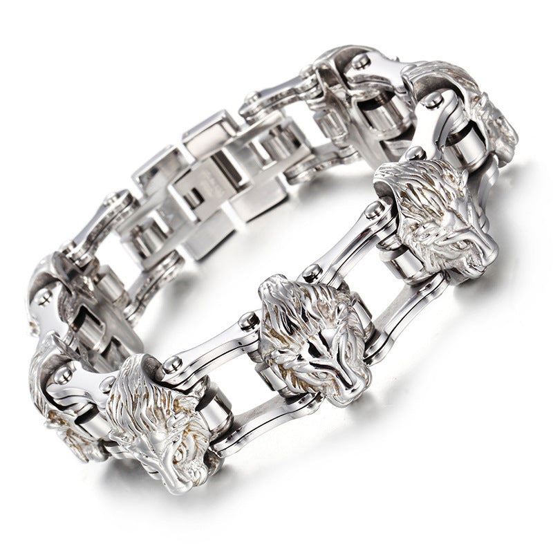 A "Roaring Elegance: Titanium Steel Lion Head Bracelet" with skulls on it from Maramalive™.