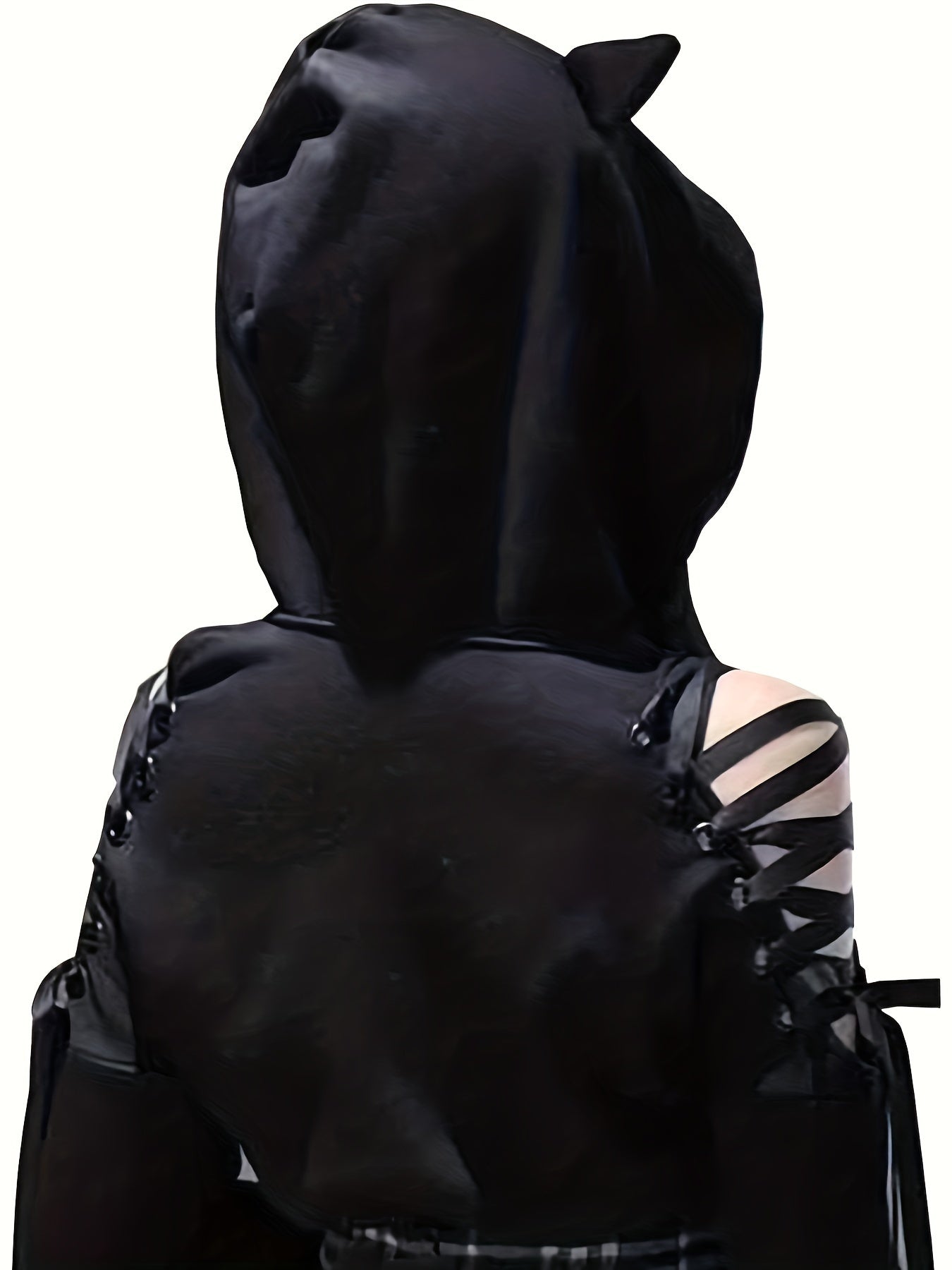 Person wearing a Maramalive™ Halloween Gothic Cat Ear Hoodie, Cosplay Crop Sweatshirt, Women's Clothing with cutout shoulder straps and laces, viewed from the back, exuding a Y2K style. The outfit boasts high elasticity for a perfect fit.