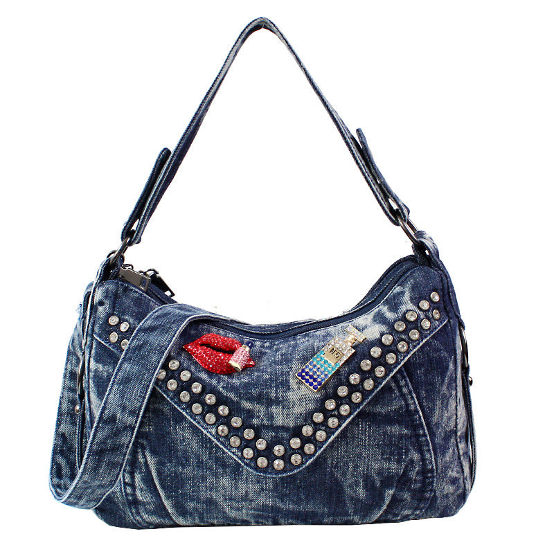 Denim Studded Tote Shoulder Crossbody Bag With Drill
