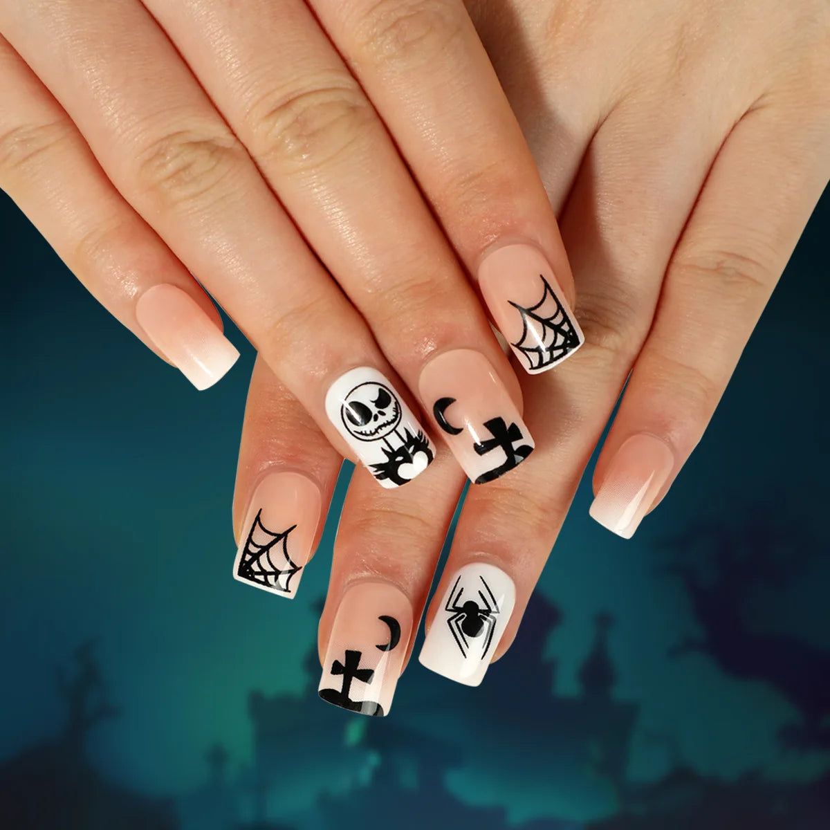 24 Piece Halloween Ghost & Pumpkin Ghoulish Press-On Nail Art Set - A Mysterious Glamour Twist To Your Spooky Costume