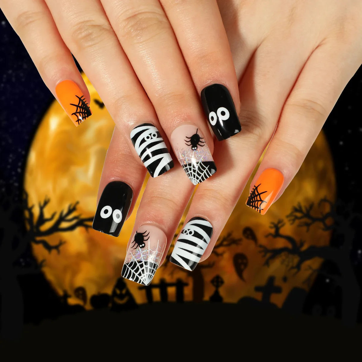 24 Piece Halloween Ghost & Pumpkin Ghoulish Press-On Nail Art Set - A Mysterious Glamour Twist To Your Spooky Costume