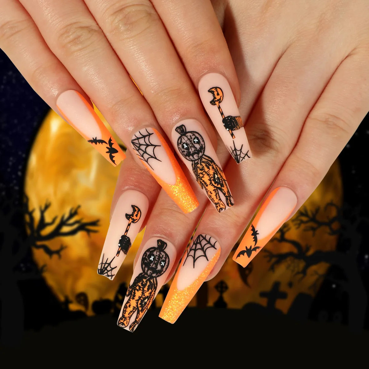 24 Piece Halloween Ghost & Pumpkin Ghoulish Press-On Nail Art Set - A Mysterious Glamour Twist To Your Spooky Costume