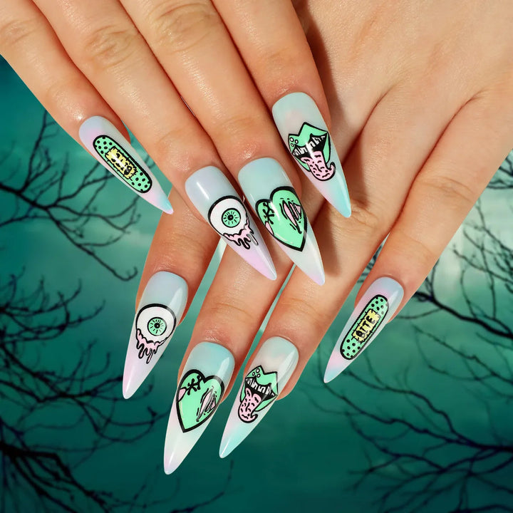 24 Piece Halloween Ghost & Pumpkin Ghoulish Press-On Nail Art Set - A Mysterious Glamour Twist To Your Spooky Costume