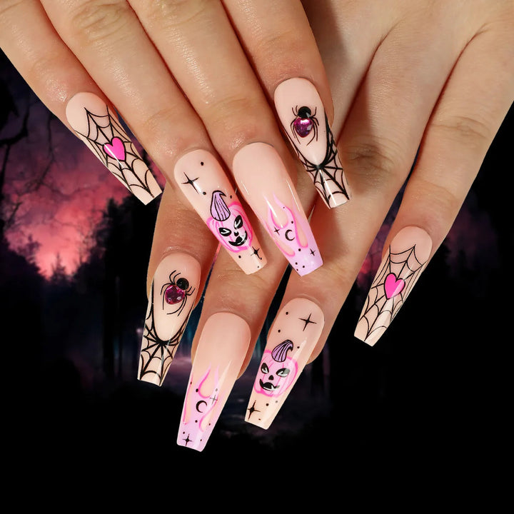 24 Piece Halloween Ghost & Pumpkin Ghoulish Press-On Nail Art Set - A Mysterious Glamour Twist To Your Spooky Costume