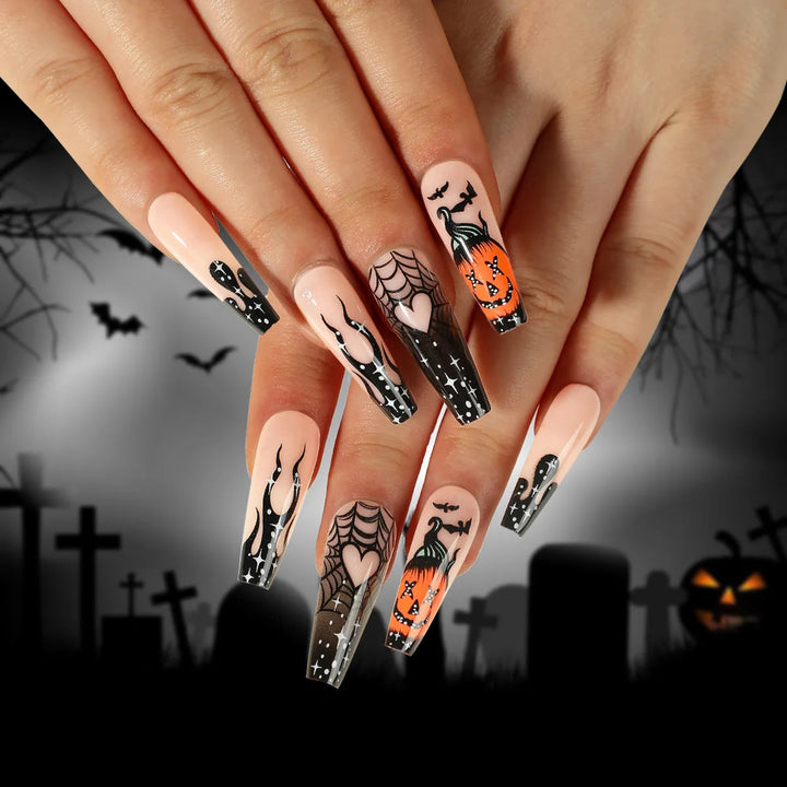 24 Piece Halloween Ghost & Pumpkin Ghoulish Press-On Nail Art Set - A Mysterious Glamour Twist To Your Spooky Costume