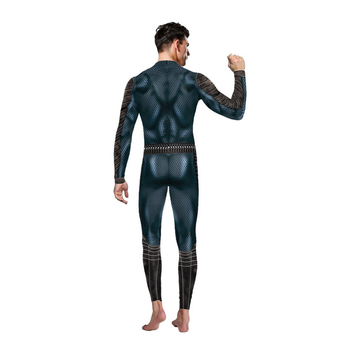 A man in Maramalive™ Digital Halloween Costume Leggings - Spooky Tights, adorned with vibrant designs, stands with his back facing the camera, raising his left fist.