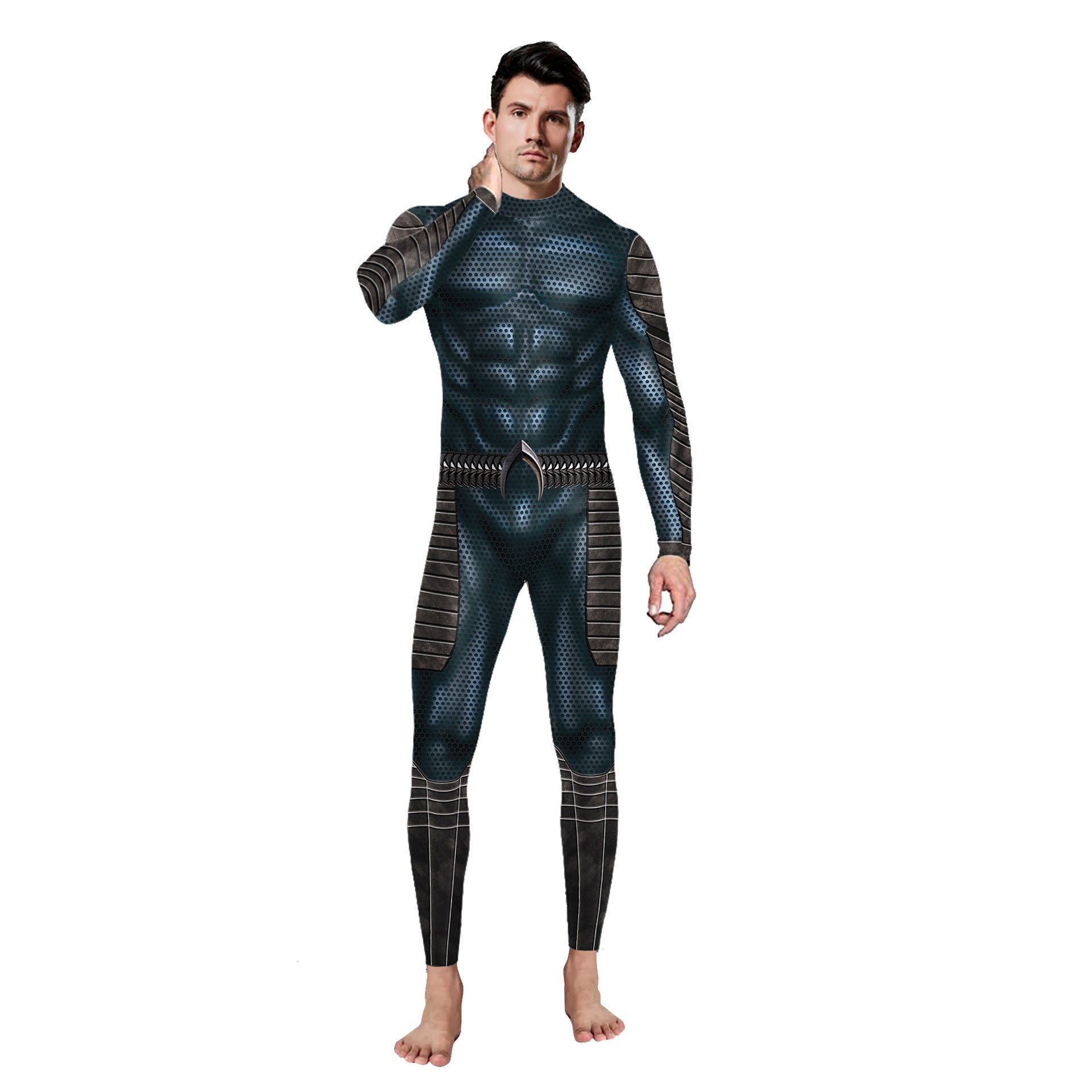 A man stands barefoot wearing a form-fitting, dark blue superhero costume with black and grey accents, reminiscent of Maramalive™ Digital Halloween Costume Leggings - Spooky Tights. He is touching his neck with one hand. The background is white.