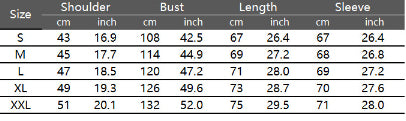 A size chart for the Maramalive™ Men's Loose Dark Hoodie, showing measurements in both centimeters and inches for shoulder, bust, length, and sleeve. Available sizes are S, M, L, XL, and XXL. Made from polyester fiber with long sleeves.