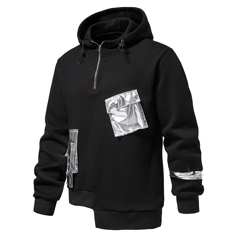 A Men's Loose Dark Hoodie by Maramalive™ with a front zipper, featuring silver metallic pockets on the chest, arm, and near the waist. Made from durable polyester fiber, this long sleeve piece is both stylish and functional.